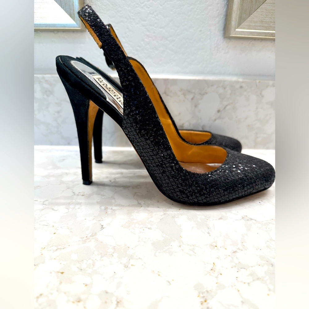 Stunning BADGLEY MISCHKA sling backs black glitter and silk. EUC SIZE 8